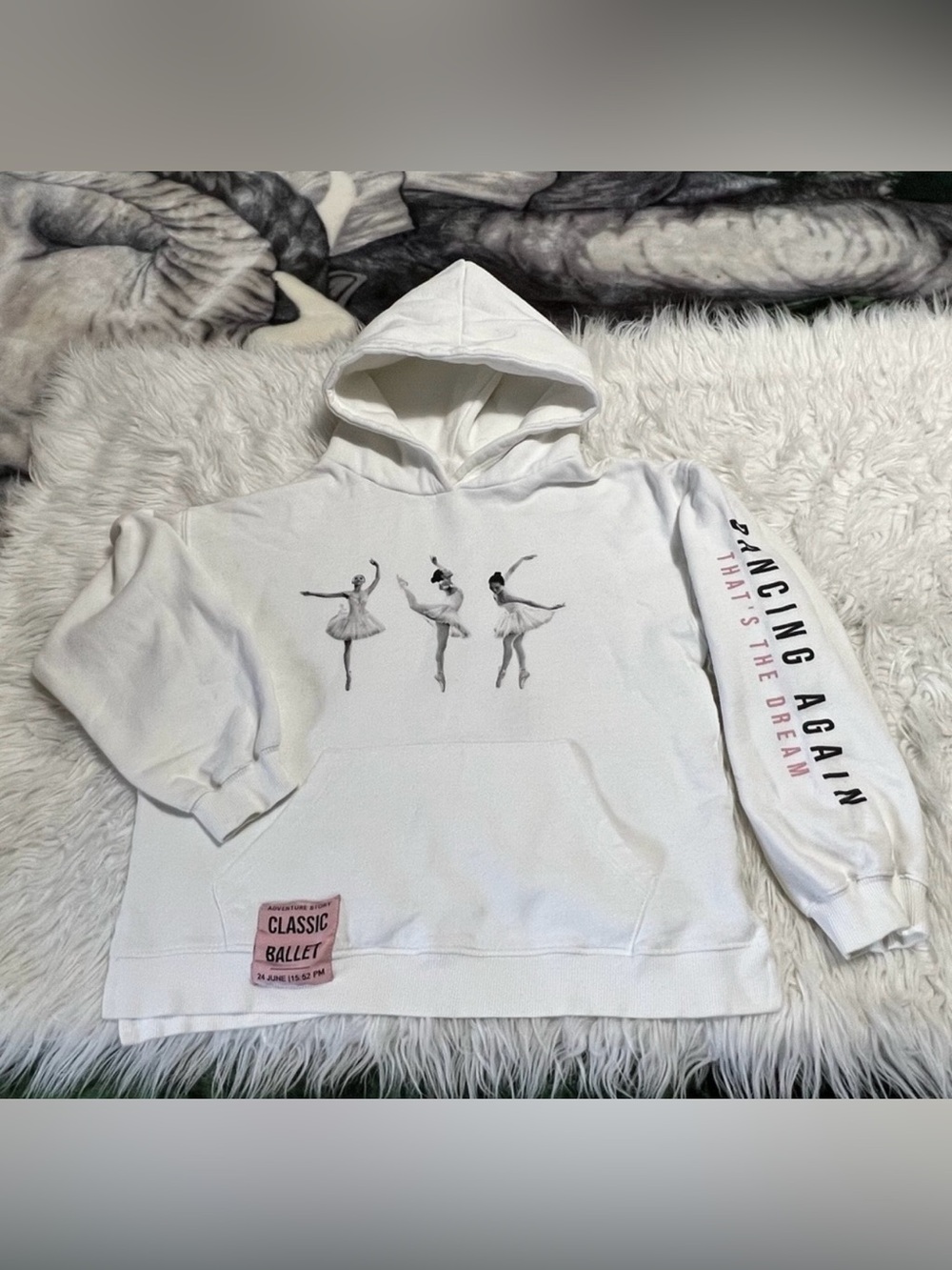 Zara White Ballet Graphic Kids Hoodie with Sleeve Print